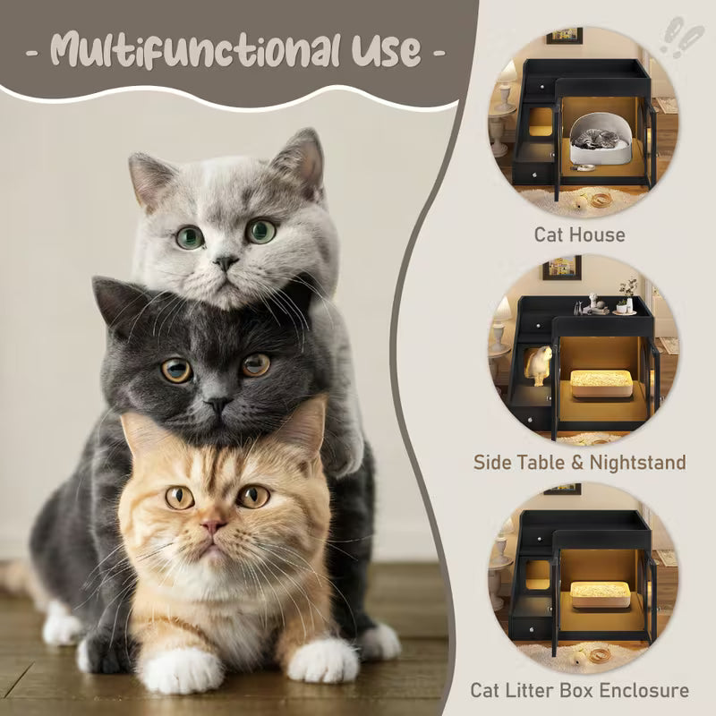 Litter Box Enclosure Cabinet with LED Light – 2-Drawer Cat House Side Table, White/Black/Gray