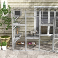 Catio Playground Cat Window Box Outside Enclosure for Multiple Cats w/ Shelves & Bridges, Gray