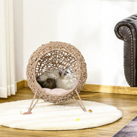 Weaved Cat Bed, Elevated Hand-woven Braided Banana Leaf Kitten House Condo With Cushion, Beige