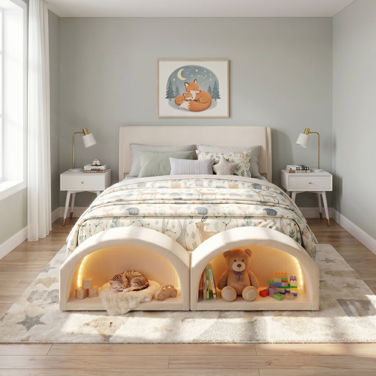 Queen Size Upholstered Platform Bed Frame with Dual Cat Caves, LED Lighted Pet Nests at Footboard, Beige