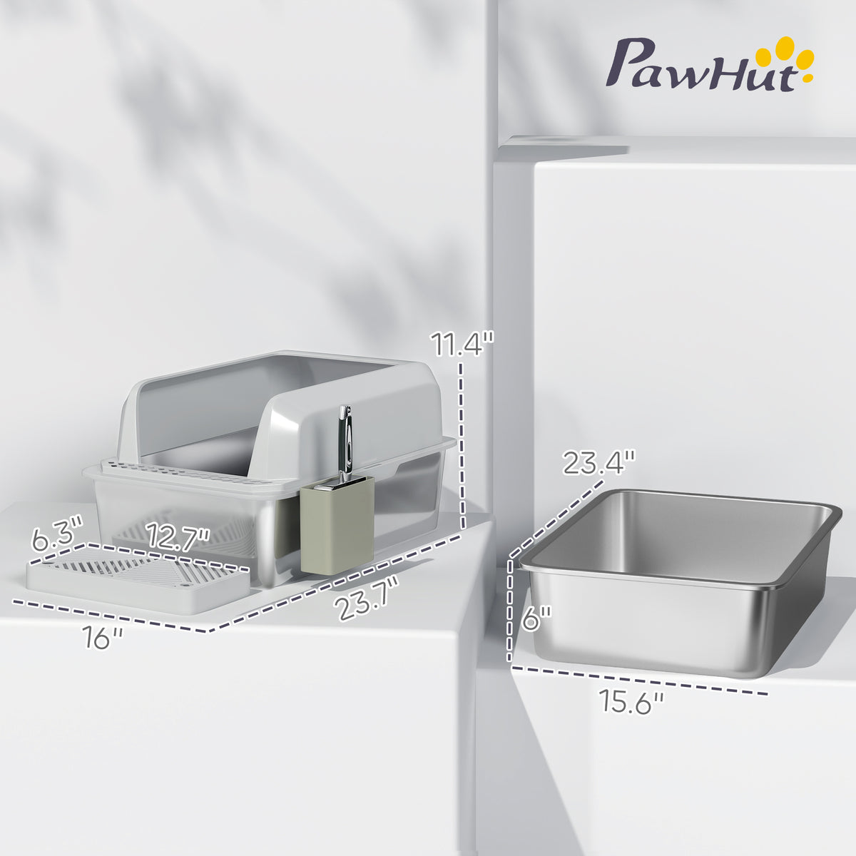 Stainless Steel Litter Box with Metal Scoop & Scoop Holder, High Sided, Anti-Urine Leakage, Non-Sticky