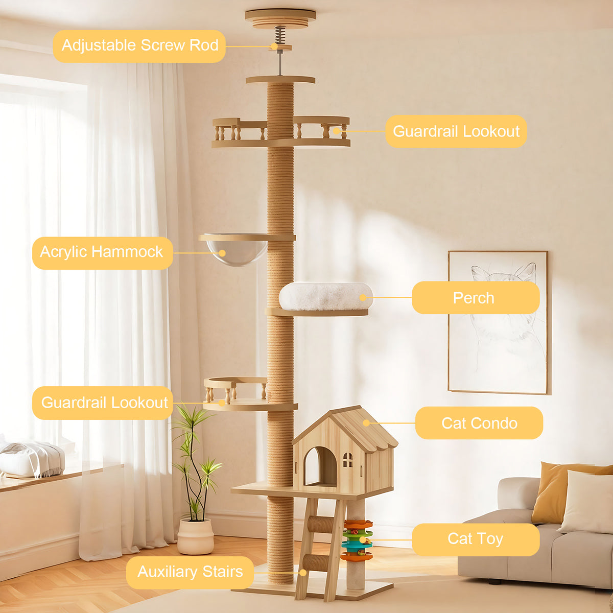Floor to Ceiling Cat Tree, Cat Tower with Scratching Post, Adjustable Height(98-110 Inch), Large Wood Condo Cave Bed and
