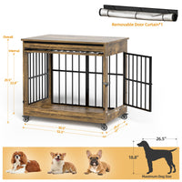 32in Dog Crate Furniture, Double Door Wooden Indoor Dog Kennel Furniture, Decorative Pet Cage End Table With Wheels For 