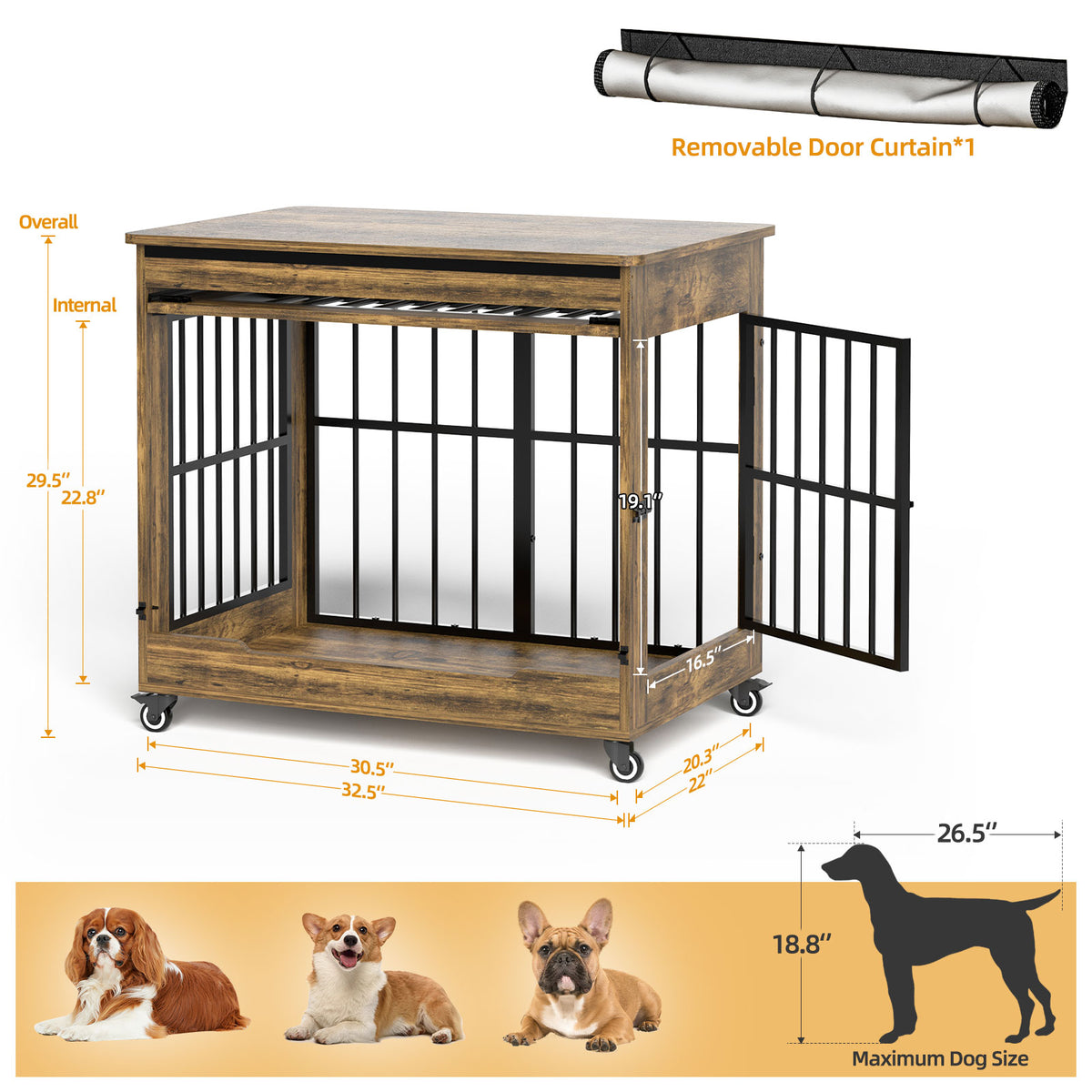 32in Dog Crate Furniture, Double Door Wooden Indoor Dog Kennel Furniture, Decorative Pet Cage End Table With Wheels For 