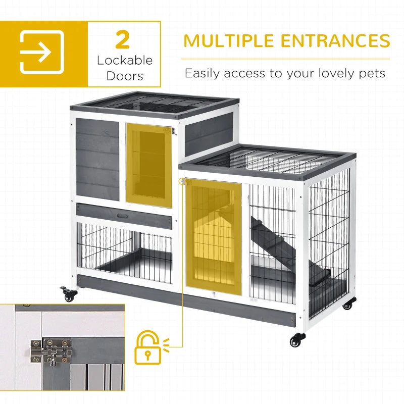 Wooden Rabbit Hutch Elevated Bunny Cage Indoor Small Animal Habitat With Enclosed Run With Wheels, Ramp, Removable Tray 