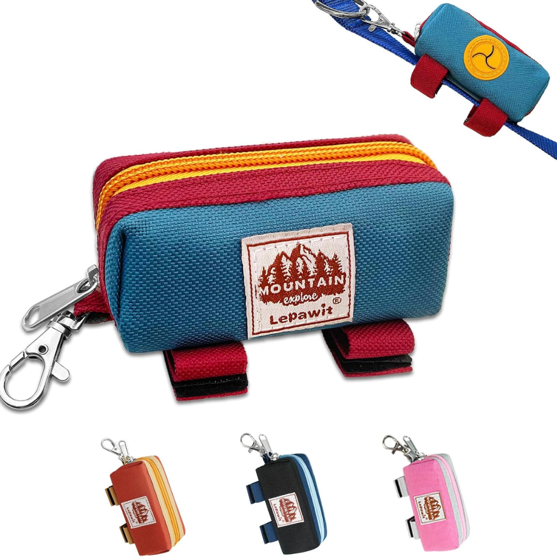 Dog Poop Bag Holder For Leash, Zippered Canvas Poop Bag Dispenser Pouch With Velcro Straps & Metal Carabiner Clip, Holds