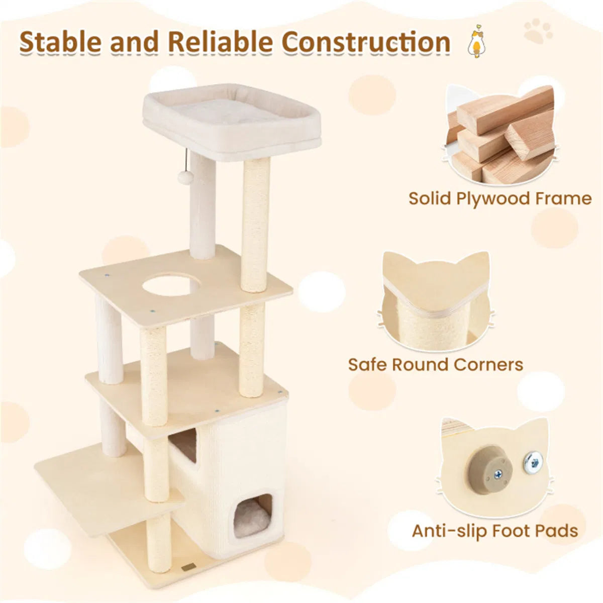 63" Wooden Cat Tree - 2-Story Condo with Bamboo Interior, 5 Sisal Scratching Posts, 44 lbs Per Layer Capacity