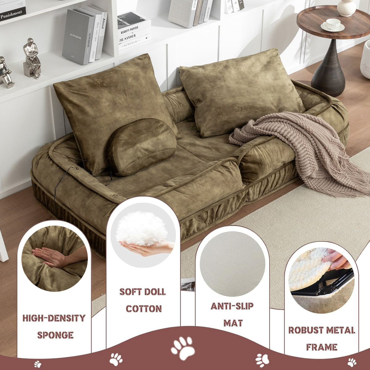 Upholstered Human Dog Bed for Adult & Pets,with 5 Adjustable Position &Massage Pillow, Bean Bag floor sofa with 2 Soft P