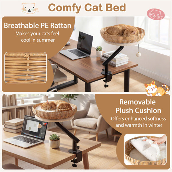 360 Rotatable Desktop Cat Bed Perch, 2-in-1 Workspace Cat Retreat With Jingling Ball Natural Black White