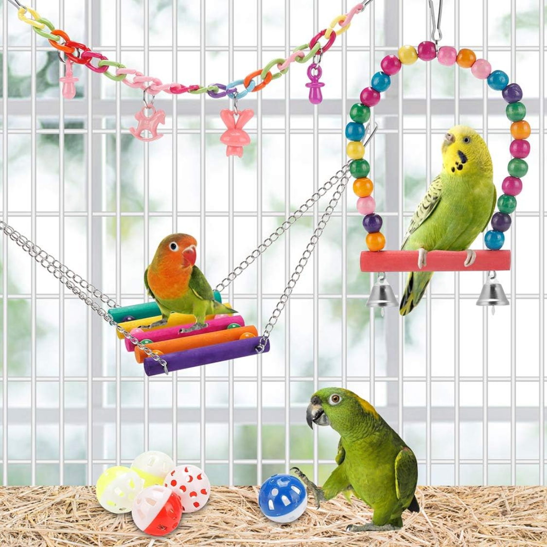 Bird Parakeet Toys Swing Hanging Standing Chewing Hammock Climbing Ladder Bird Cage Colorful Toys Suitable For Budgeriga