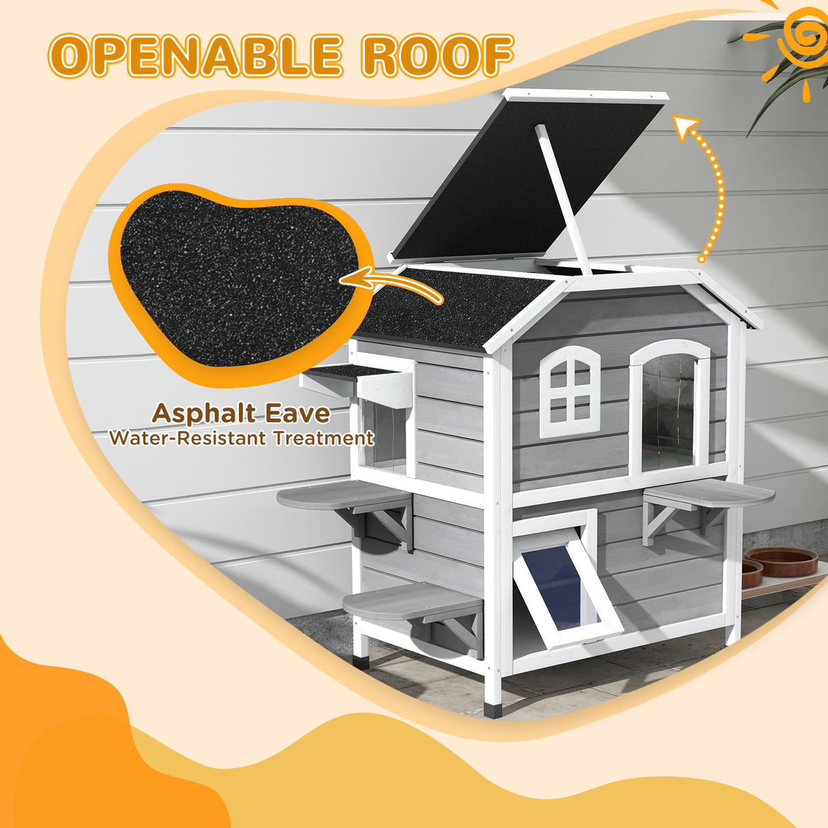2-story Cat House Outdoor, Weatherproof Wooden Cat Enclosure for Feral Cats with Escape Door, Openable Roof, Jumping Pla