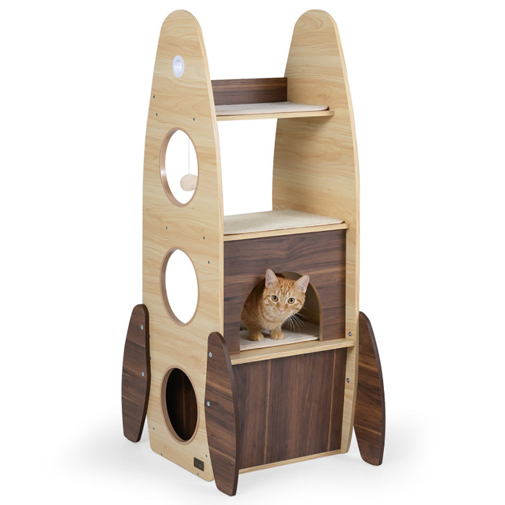 Rocket Cat Tree 47 Inch Large Wooden Cat Tower For Indoor Cats Sisal Scratching Pad Detachable Scratching Mat