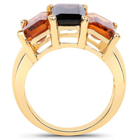 14K Yellow Gold Plated 8.14 Carat Genuine Smoky Quartz, Citrine and Champagne Quartz .925 Sterling Silver Ring