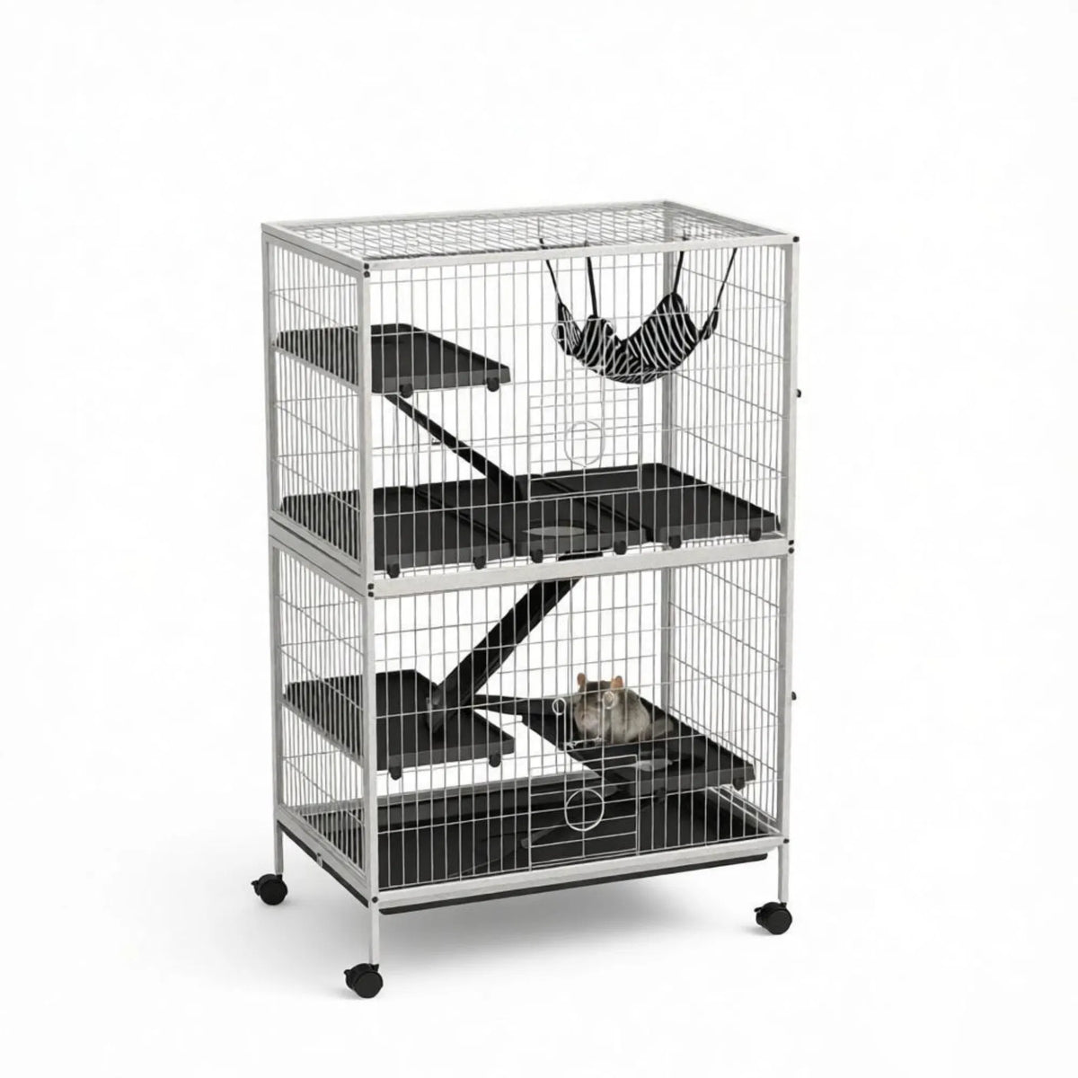 50 Inch Tall Rolling Ferret Chinchilla Cage Small Animal Pet Habitat with Hammock, 4 Doors, Removable Tray