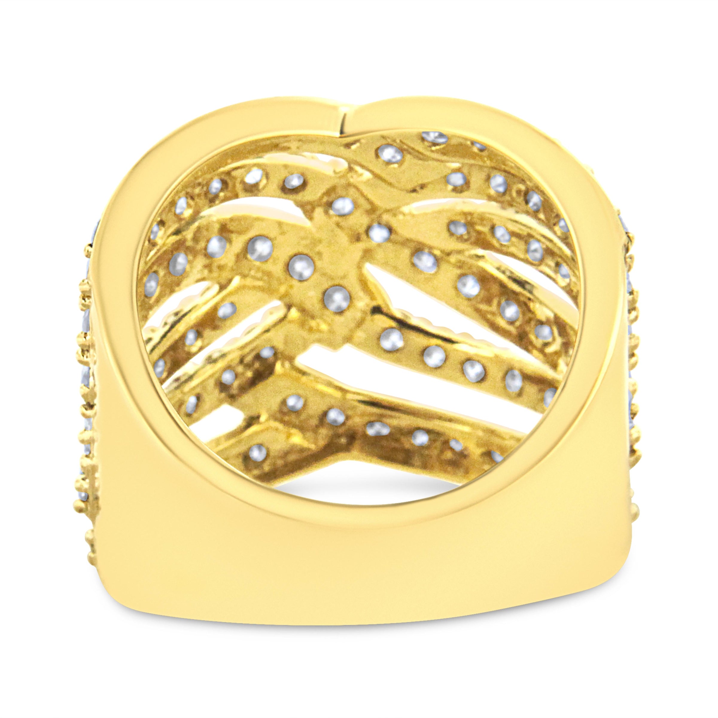10K Yellow Gold 3.00 Cttw Diamond Multi Row Bypass Wave Cocktail Band Ring (J-K Color, I1-I2 Clarity) - Size 7