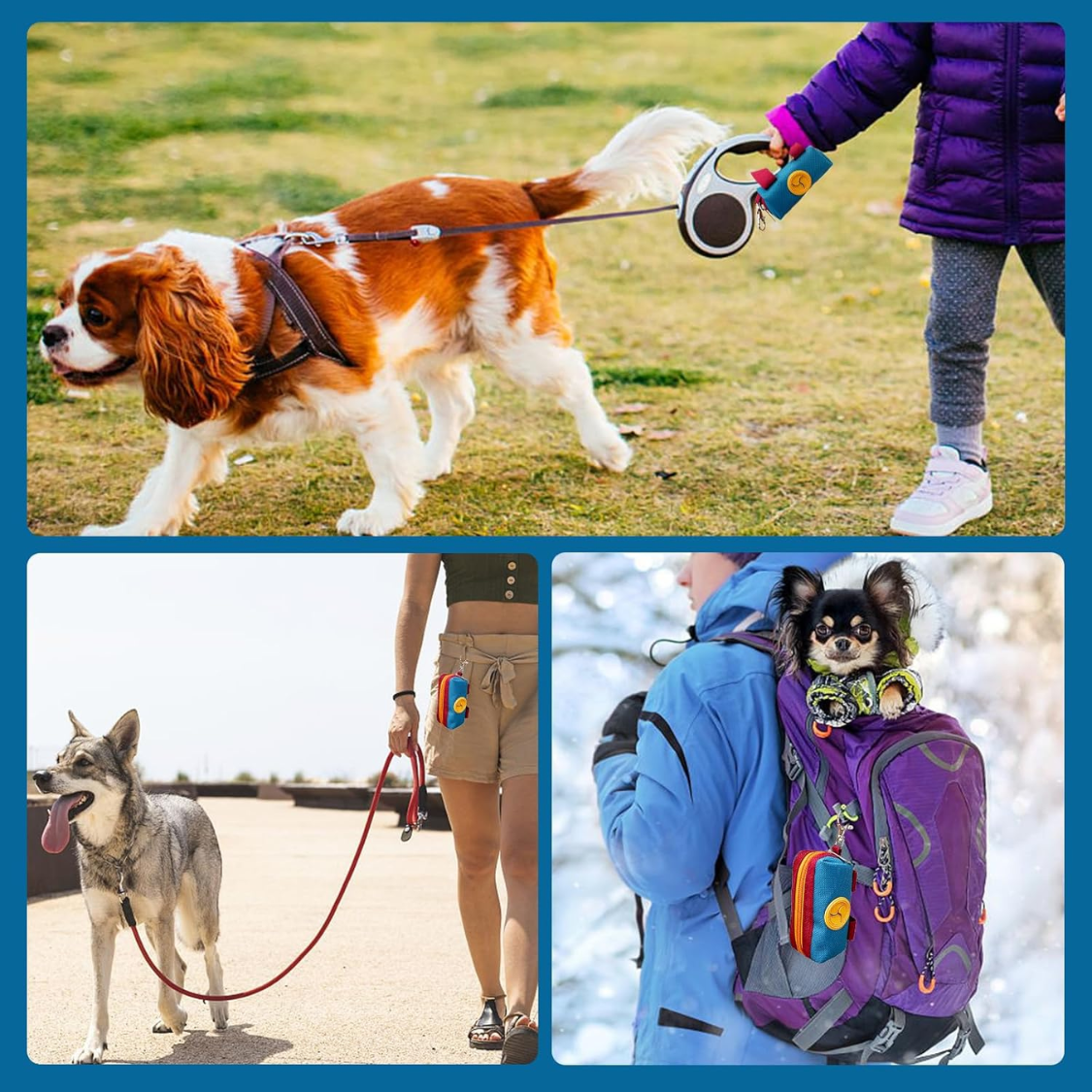 Dog Poop Bag Holder For Leash, Zippered Canvas Poop Bag Dispenser Pouch With Velcro Straps & Metal Carabiner Clip, Holds