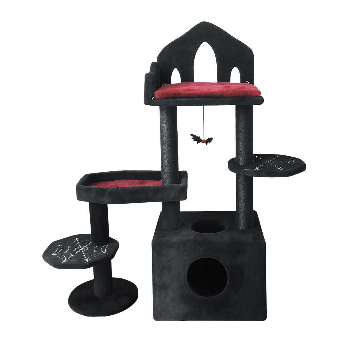 Black Gothic Cat Tree, Multi-Level Spooky Cat Tree with Scratching Posts, Perches, Hammock, and Cat Cave - Black Cat Tow