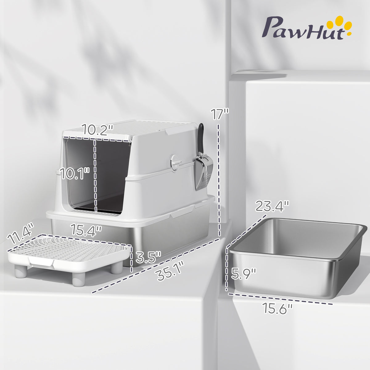 Extra Large Stainless Steel Cat Litter Box for Big Cats with Flip Cover, High-Sided Enclosure & Scoop