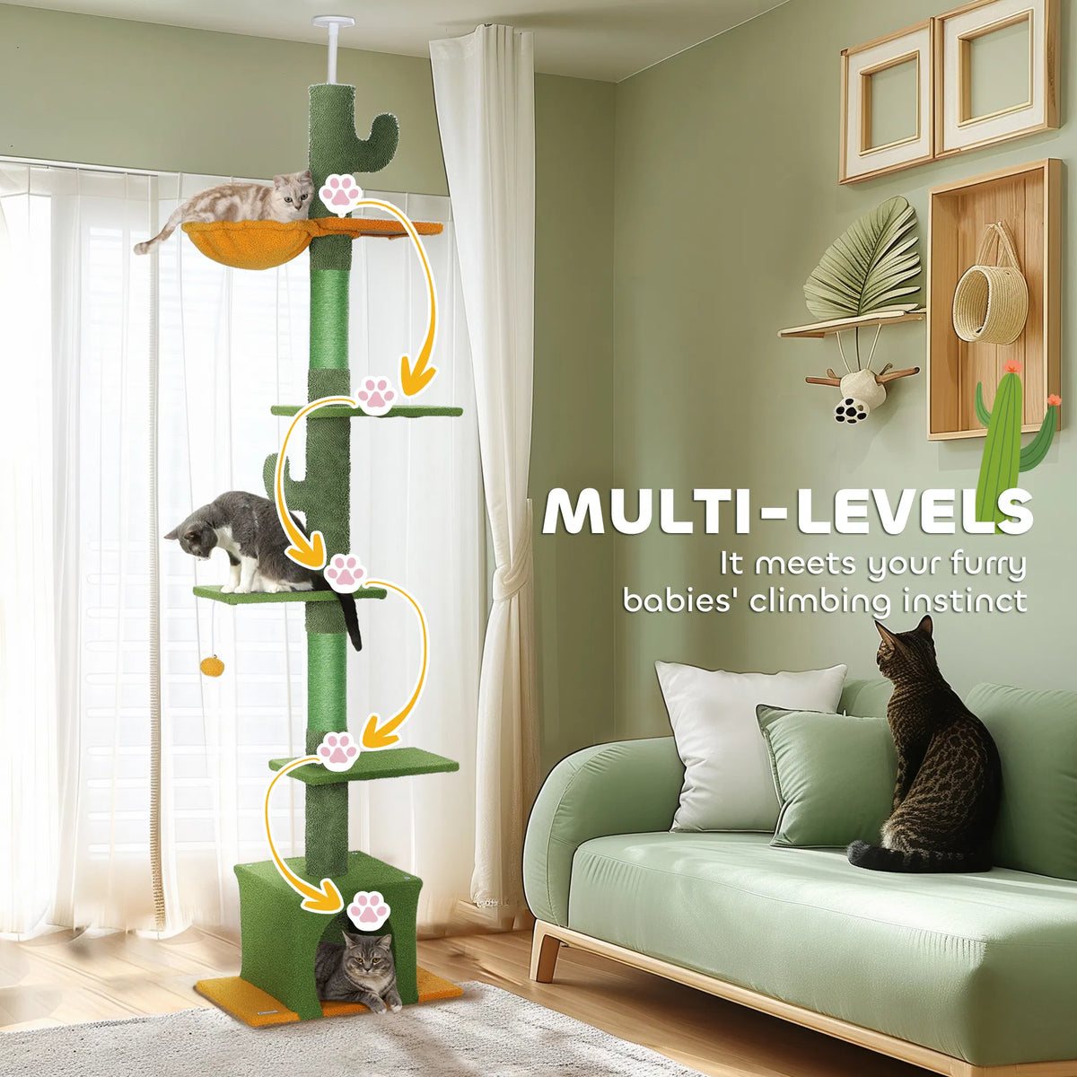Floor to Ceiling Cat TreeTower with 90.5"-108" Adjustable Height, Scratching Posts, Hammock, Comdo, Toy Ball, Green