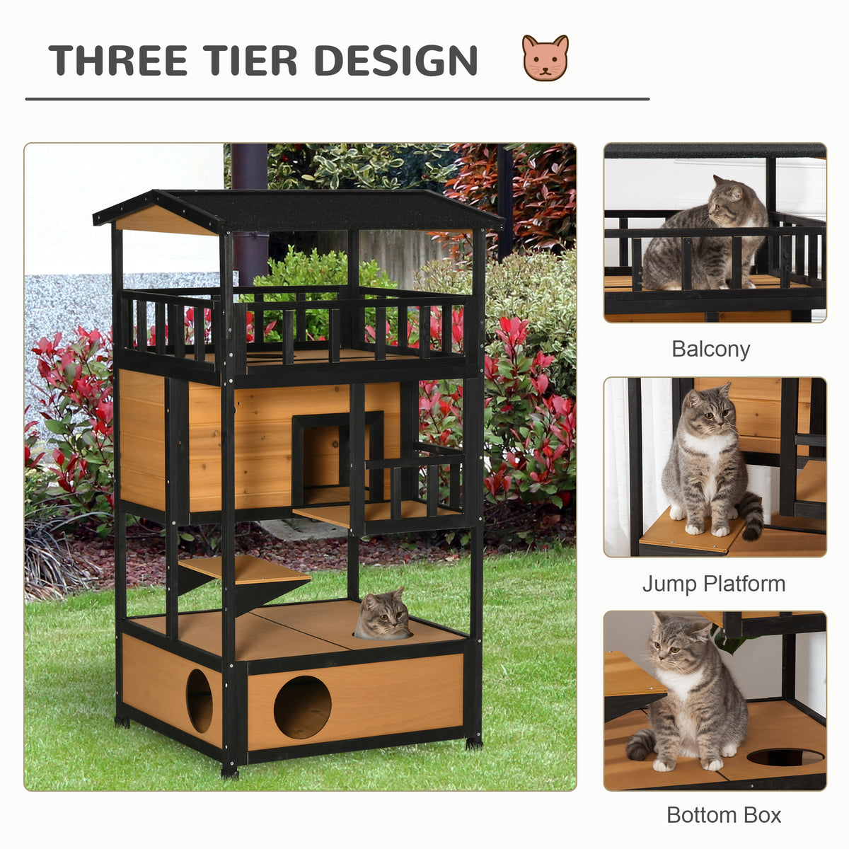 Wooden Outdoor Cat House, Feral Cat Shelter Kitten Condo with Asphalt Roof, Escape Doors, Condo, Jumping Platform, Yello