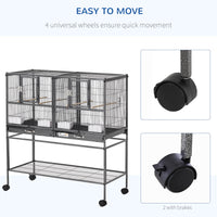 Divided Breeder Bird Cage with Rolling Stand Removable Metal Tray, Storage Shelf, Wood Perch, and Food Container