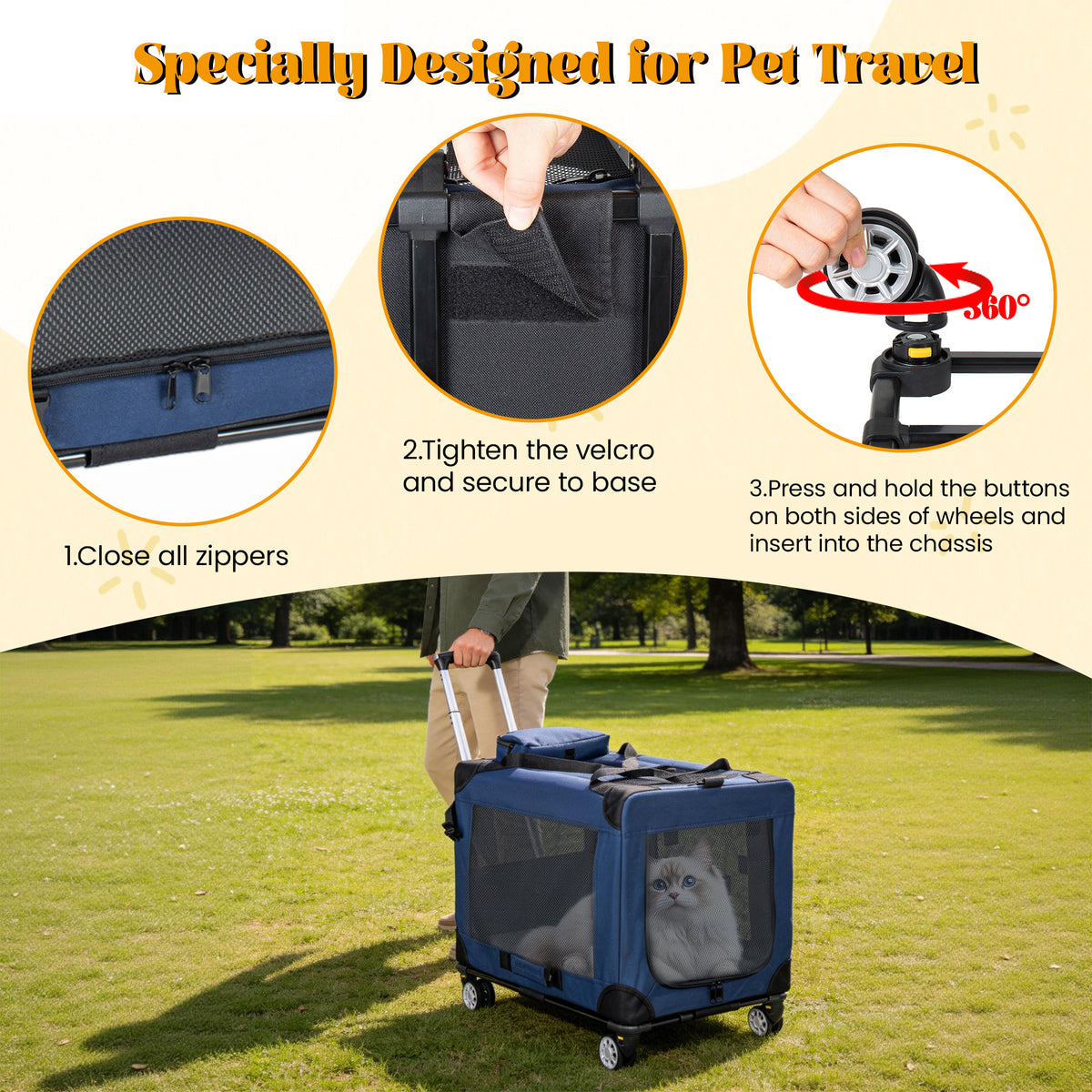 2 In 1, 28 Collapsible Travel Dog Crate For Medium Large Dogs, Rolling Pet Carrier With Wheels, 3-Door Portable Folding 