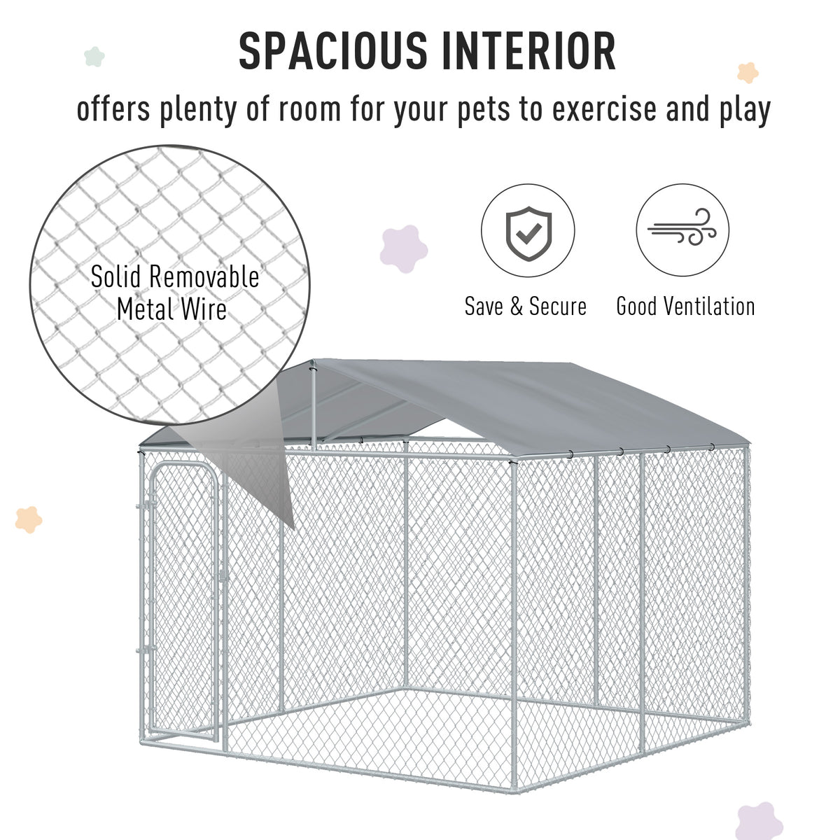Outdoor Dog Kennel Galvanized Steel Fence with Cover Secure Lock Mesh Sidewalls for Backyard 9.8 x 9.8 x 7.7