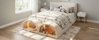 Queen Size Upholstered Platform Bed Frame with Dual Cat Caves, LED Lighted Pet Nests at Footboard, Beige