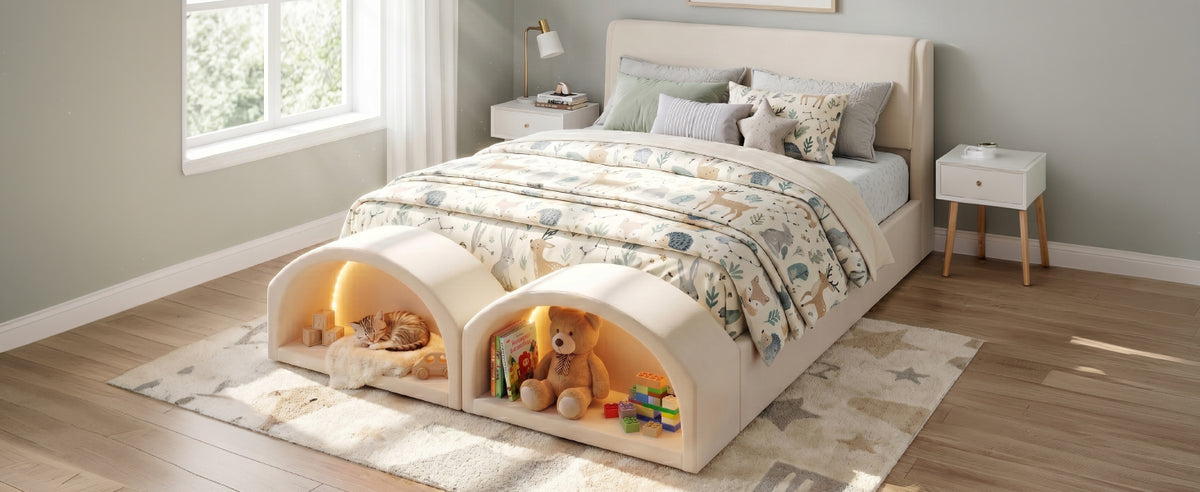 Queen Size Upholstered Platform Bed Frame with Dual Cat Caves, LED Lighted Pet Nests at Footboard, Beige