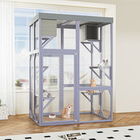 Outdoor Wooden Catio Multi-functional Cat Enclosure, 4 Platforms & 2 Napping Houses, 2 Strong Locks, Rounded Corner, Ste