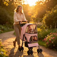 Foldable Pet Stroller for Small Dogs and Cats Under 28 lbs with Multi-Functional Tray, 2 Safety Leashes, Storage Basket 