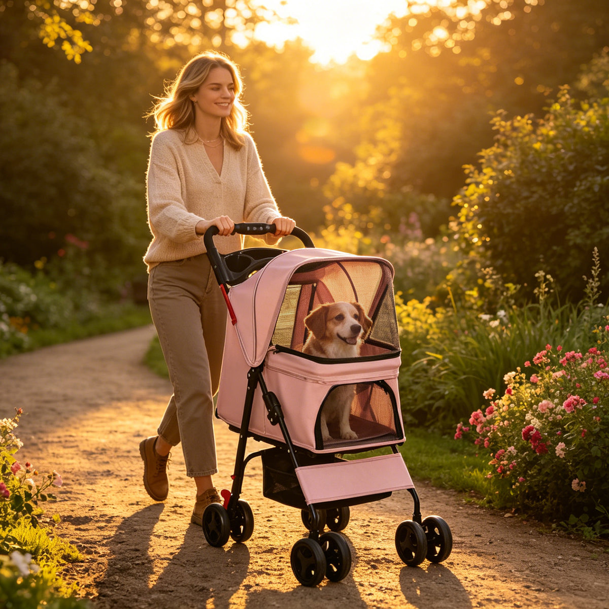 Foldable Pet Stroller for Small Dogs and Cats Under 28 lbs with Multi-Functional Tray, 2 Safety Leashes, Storage Basket 