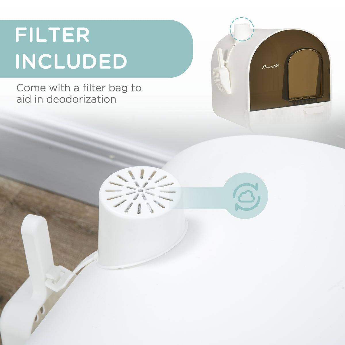 Cat Litter Box with Lid with Scoop and Filter, White