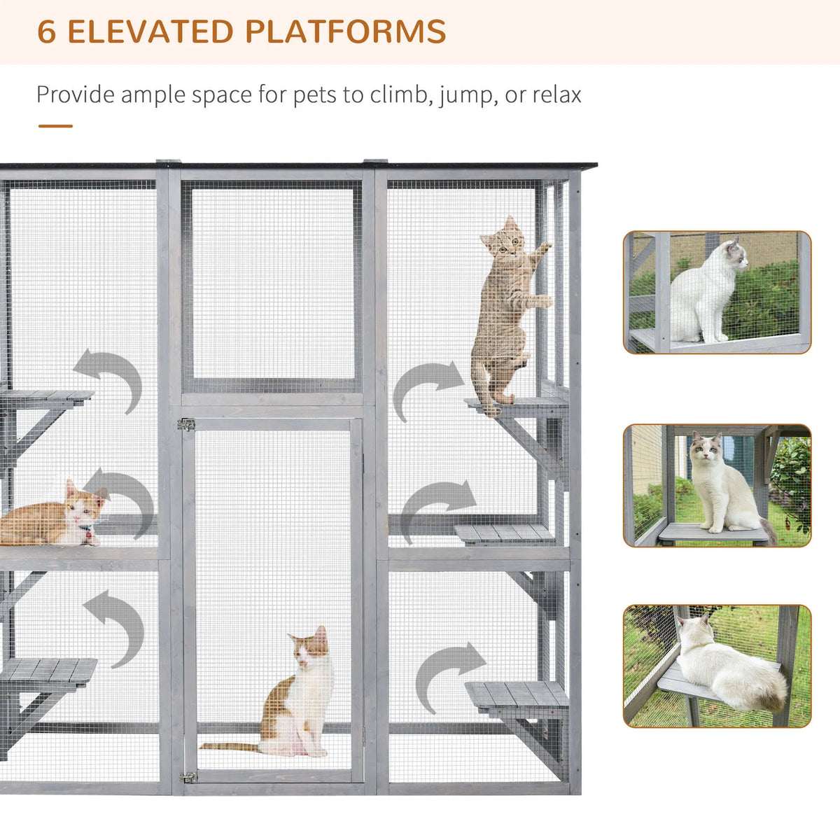 Large Outdoor Catio Enclosure, Weatherproof Cat House with Asphalt Roof, Wooden Cat Patio Cage with 6 Balanced Platforms