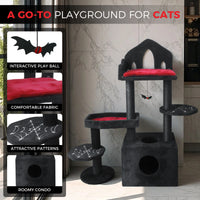Black Gothic Cat Tree, Multi-Level Spooky Cat Tree with Scratching Posts, Perches, Hammock, and Cat Cave - Black Cat Tow