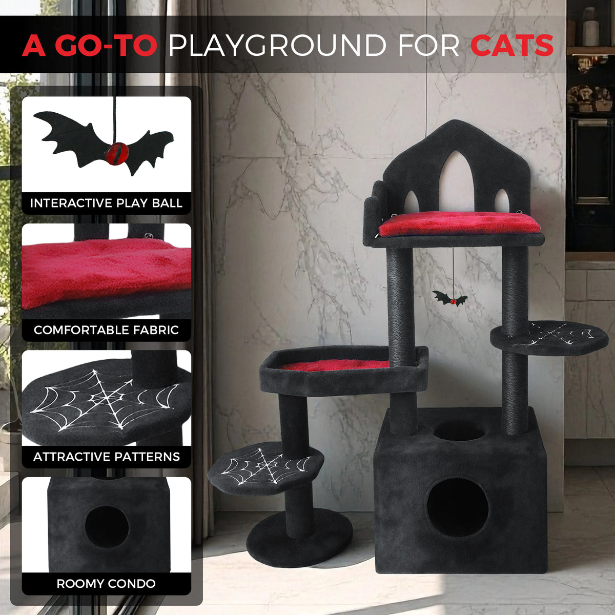 Black Gothic Cat Tree, Multi-Level Spooky Cat Tree with Scratching Posts, Perches, Hammock, and Cat Cave - Black Cat Tow