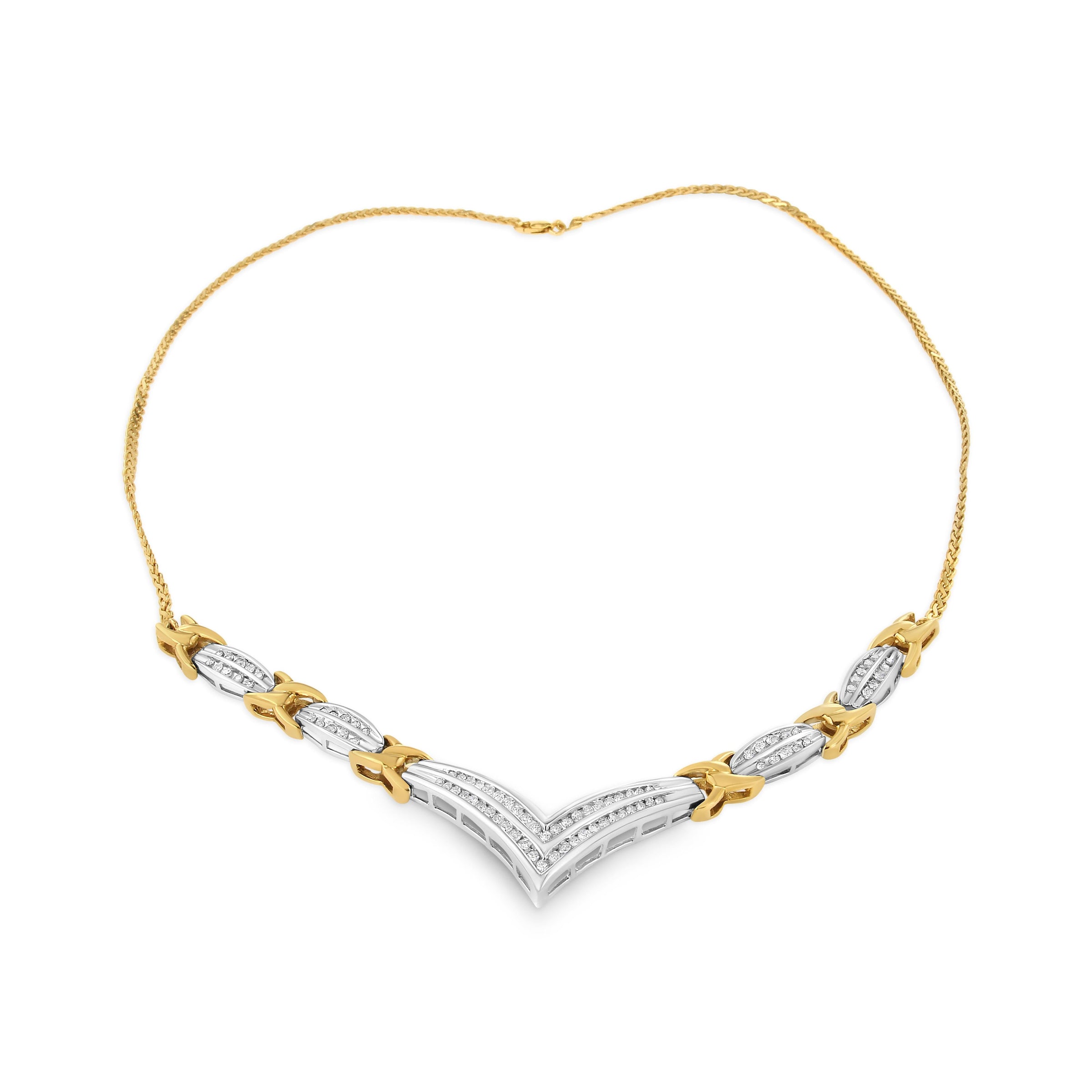 10K Yellow and White Gold 1.0 Cttw Round and Princess cut Diamond "V" Shape Statement Necklace (I-J Color, I1-I2 Clarity)