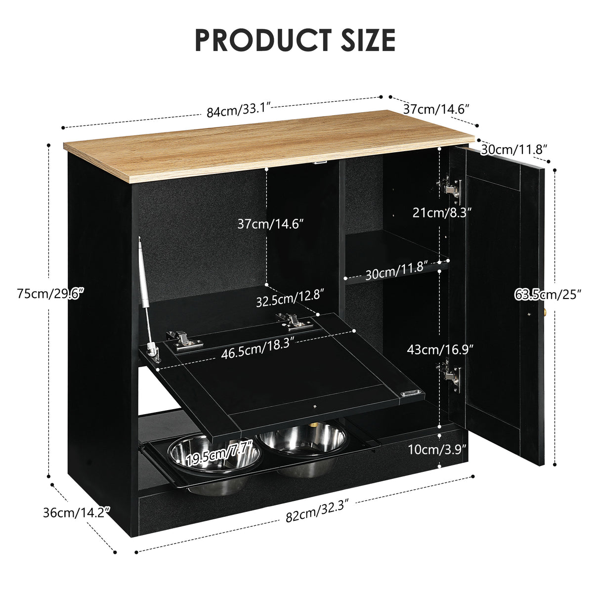 Feeding station with 2 lockers, pet feeding station with 2 elevated dog bowls, side hooks, anti-tipping kit, hidden pet 