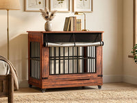 42in Large Dog Crate Furniture, Double Door Wooden Indoor Dog Kennel Furniture, Decorative Pet Cage End Table With Wheel