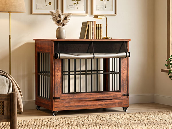 42in Large Dog Crate Furniture, Double Door Wooden Indoor Dog Kennel Furniture, Decorative Pet Cage End Table With Wheel