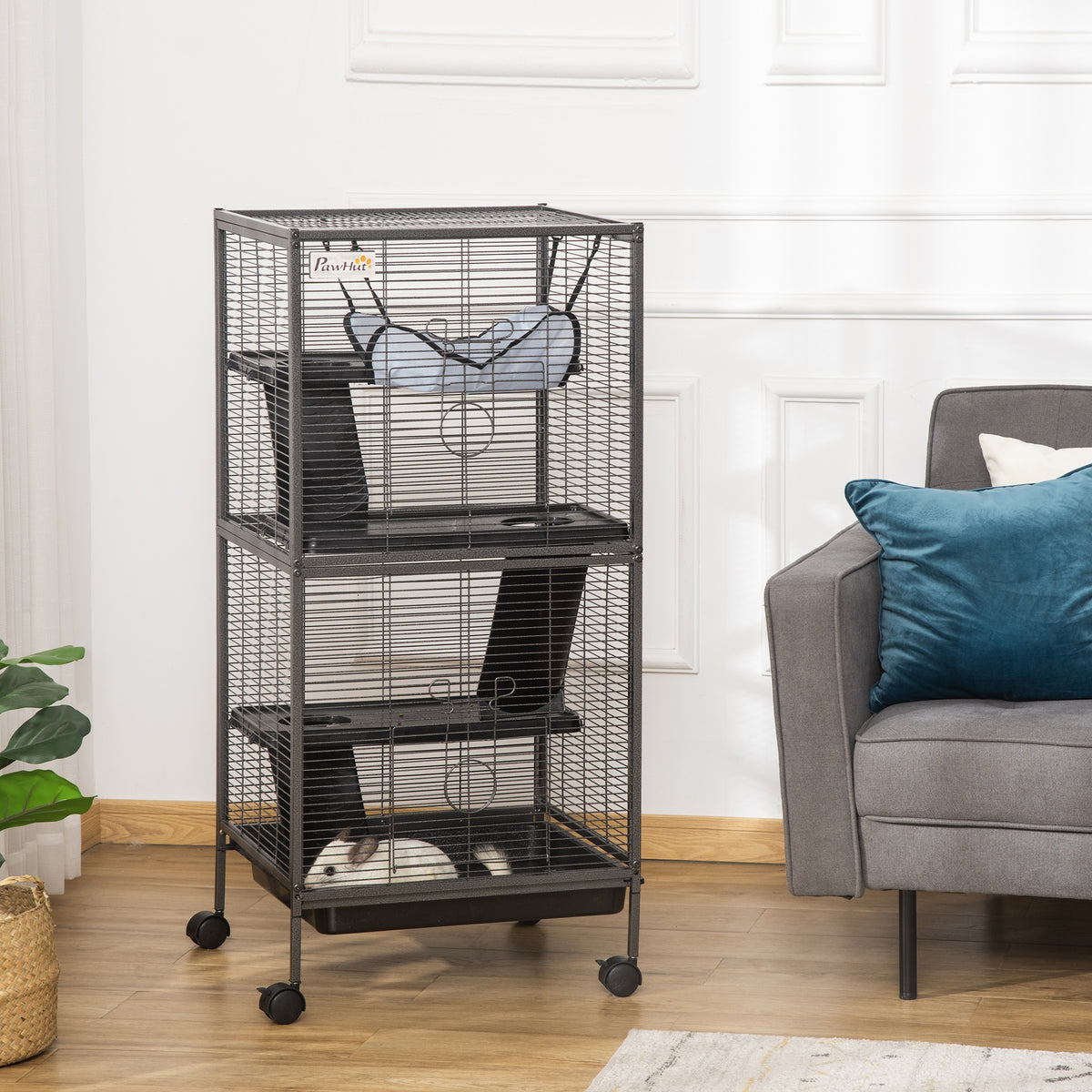 Metal Small Animal Cage Rolling Big Ferret Cage, Chinchilla Cage, Sugar Glider Cage, with Hammock & 4 Tiers, Removable T