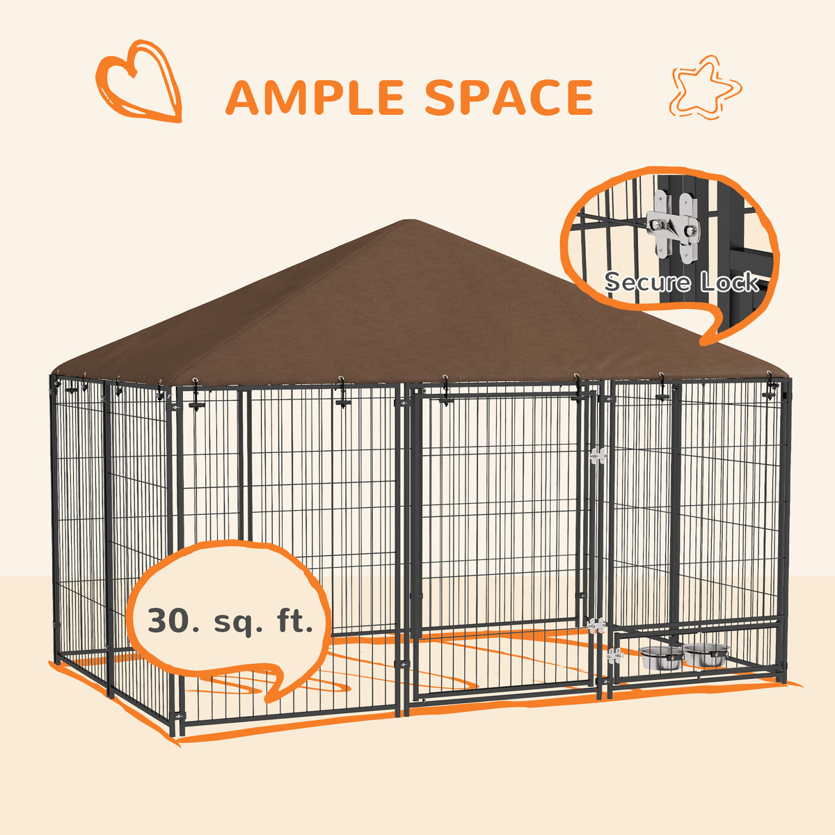 Outside Dog Kennel, 6.9 x 4.6 x 5 Puppy Play Pen with Canopy, Garden Playpen Fence Crate with Rotating Bowl, Black