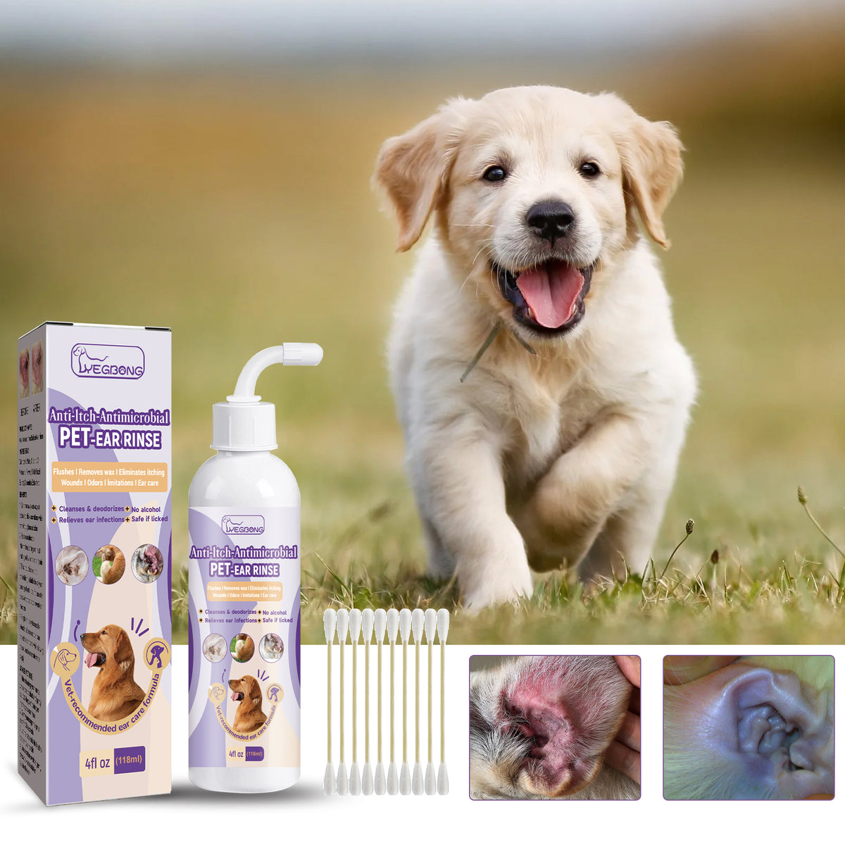 118ml Pet Ear Rinse Cleaner With Glycerin & Disodium EDTA, Anti-Itch Antimicrobial Ear Wash For Dogs Cats, Alcohol-Free 