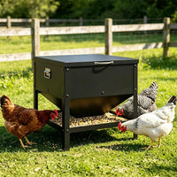Heavy Duty Stainless Steel Chicken Feed Hopper with Lift Top Cover, Raised Legs Spill-Proof Poultry Feeding Box for Back
