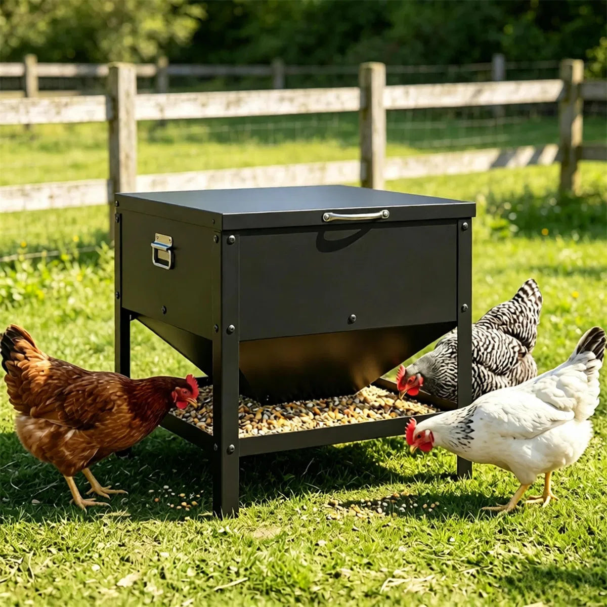 Heavy Duty Stainless Steel Chicken Feed Hopper with Lift Top Cover, Raised Legs Spill-Proof Poultry Feeding Box for Back