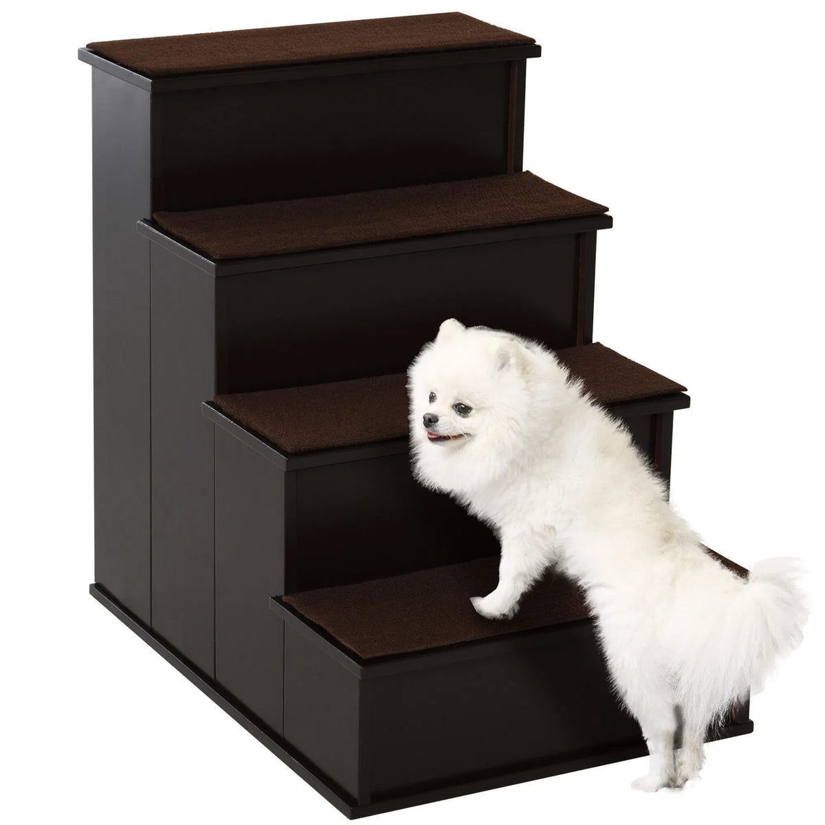 4 Levels Wooden Dog Steps Pet Stairs for High Bed, Cat Ladder for Bed Couch with Non-Slip Carpet, Dark Coffee