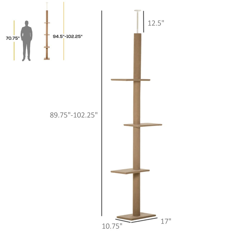 PawHut Floor-to-Ceiling Cat Tree Cat Climbing Tower With Sisal-Covered Scratching Posts Natural Cat Tree Activity Center