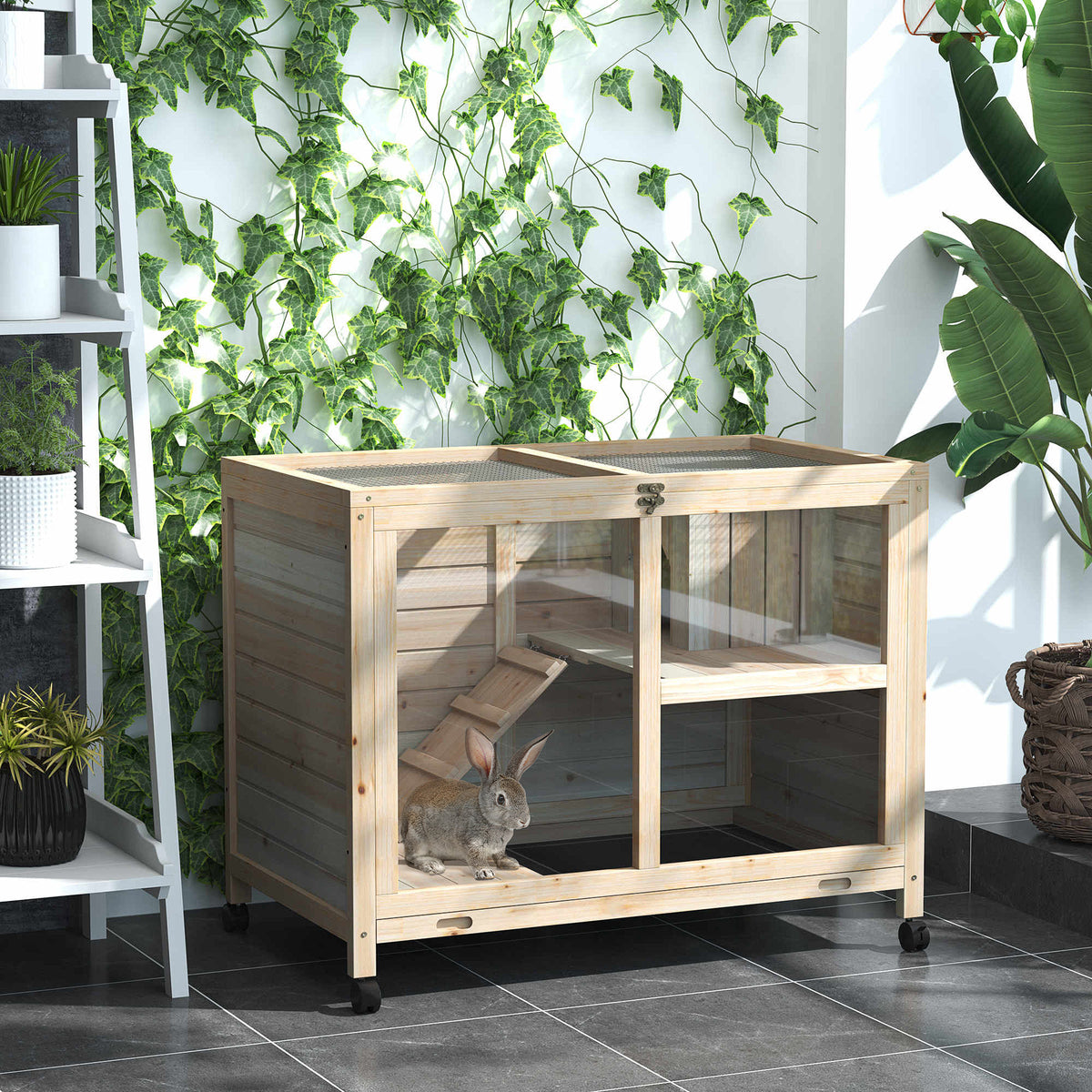 Rabbit Hutch with Wheels, Desk and Side Table Sized, Wooden Rabbit Cage, Waterproof Small Bunny Cage with Removable Tray