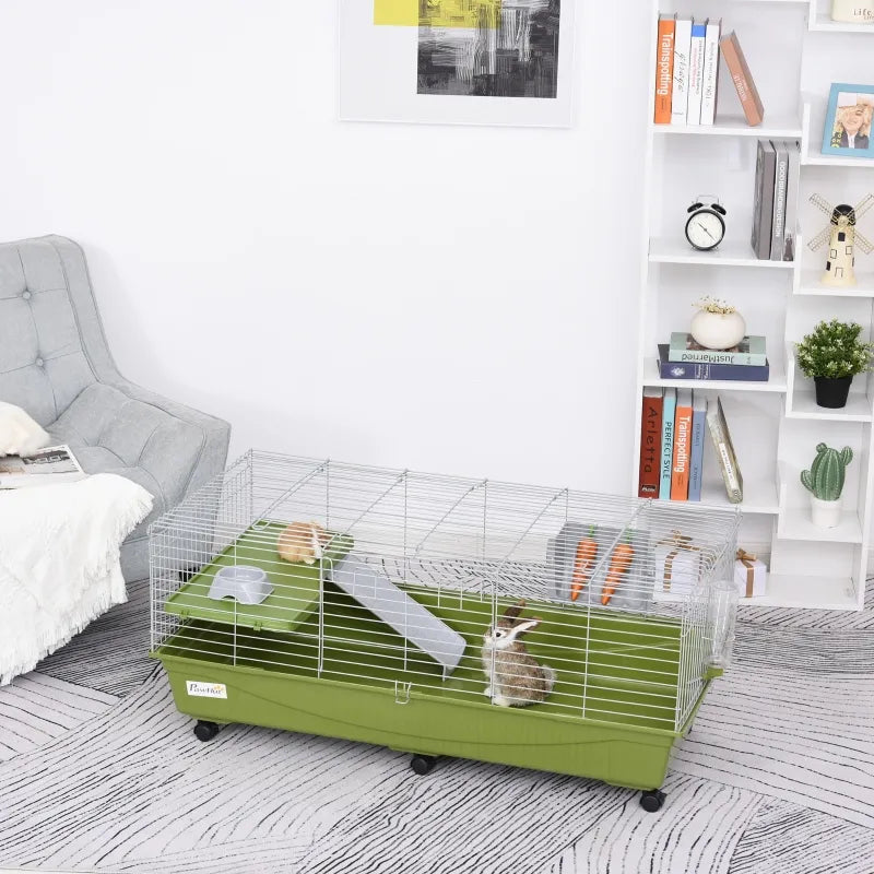 47 Small Animal Cage Chinchilla Guinea Pig Hutch Pet House With Platform Ramp, Food Dish, Wheels, & Water Bottle