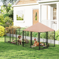 Large Outdoor Dog Kennel With Rotating & Adjustable Height Bowls, Waterproof & UV-Resistant Canopy